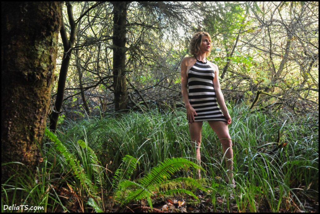 Enticing woman posing in cheap striped stretch nyylon blend dress in mystical swamp-like woods