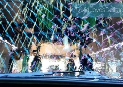 photo taken through windshield in carwash with TrixieLovesDelia.com text overlay